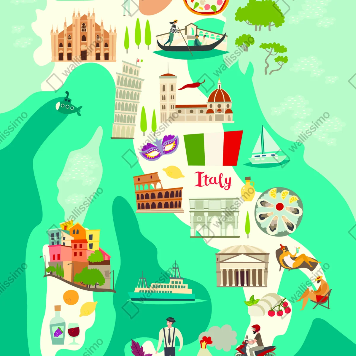 Poster Italien karte mit ikonischen sehenswürdigkeiten Poster Italien karte mit ikonischen sehenswürdigkeiten