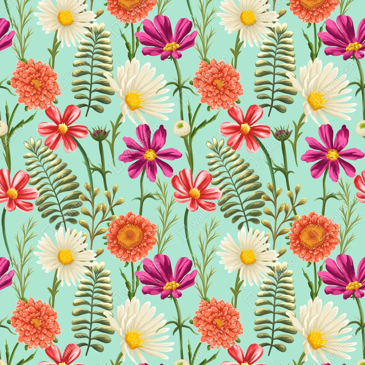 Poster frühlingshaftes blumenmuster auf türkisgrund • Poster bei Wallnifity® Poster frühlingshaftes blumenmuster auf türkisgrund • Poster bei Wallnifity®