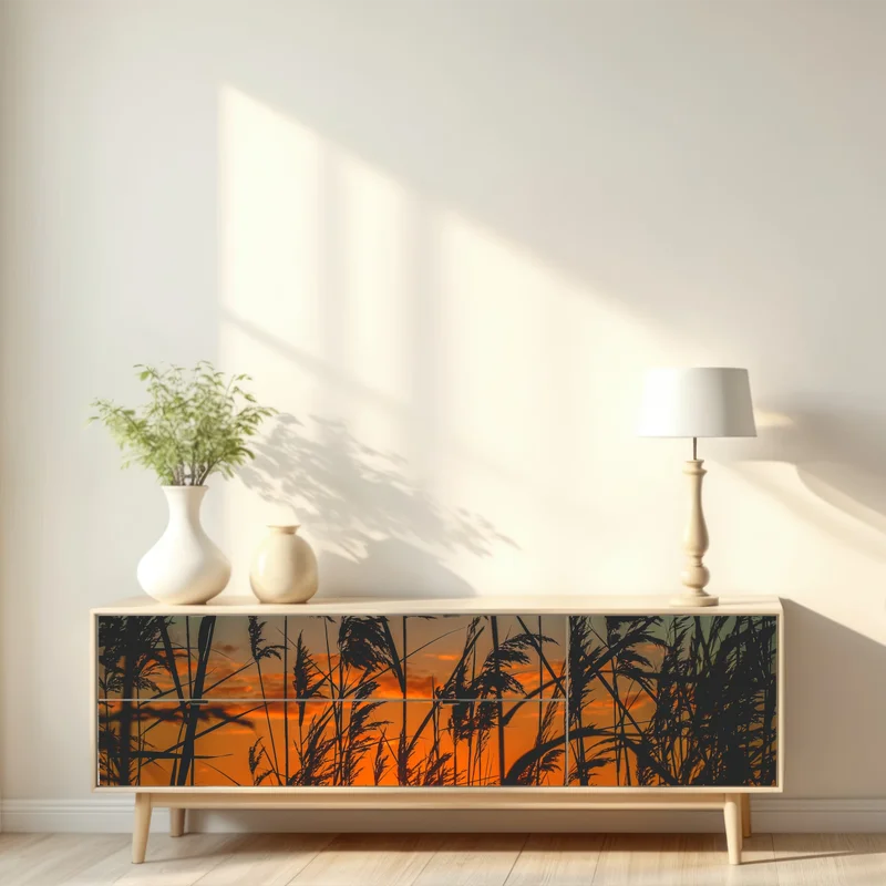 Repositionierbarer Aufkleber sonnenuntergang am see mit schilf-silhouette