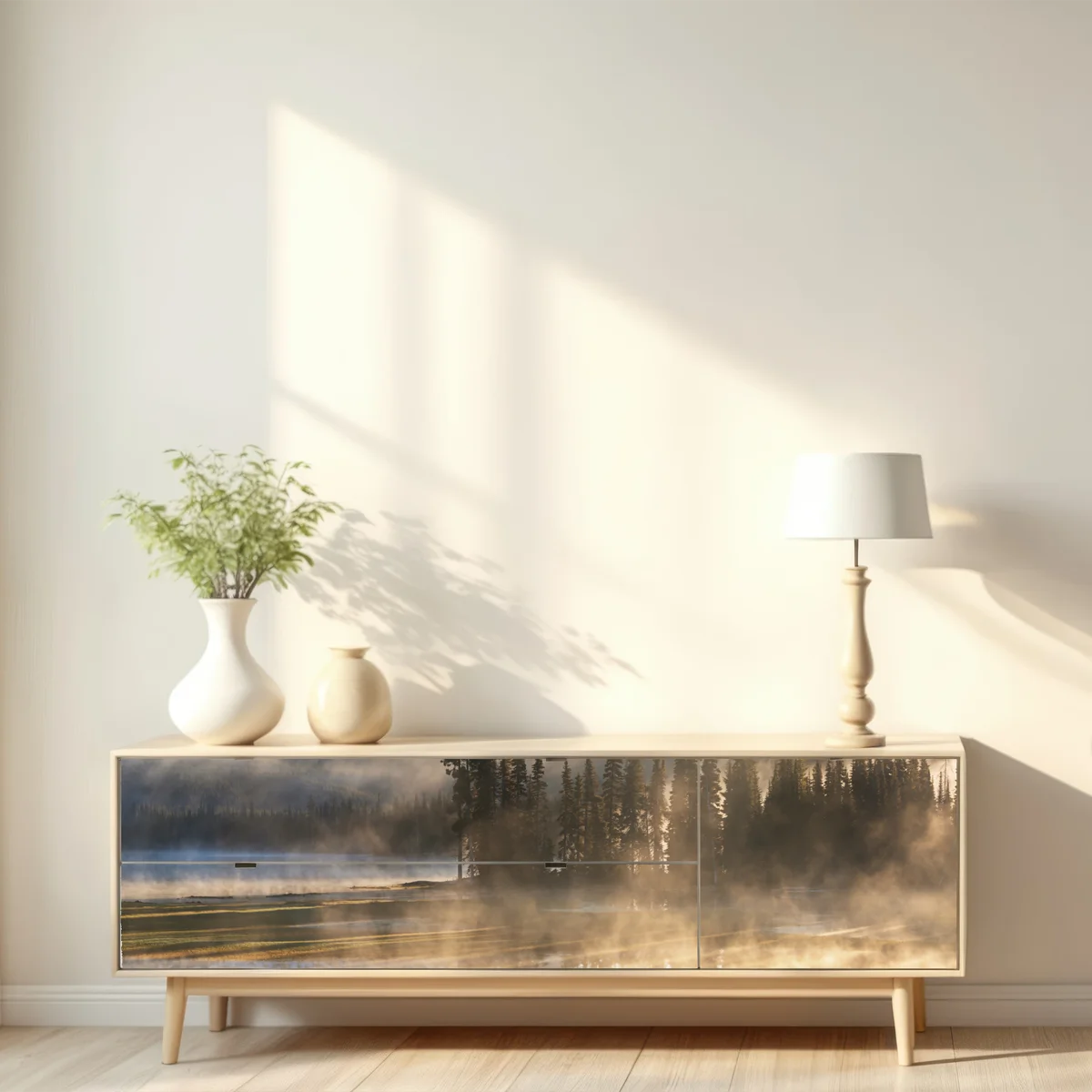 Repositionierbarer Aufkleber nebliger bergsonnenaufgang mit spiegelung Repositionierbarer Aufkleber nebliger bergsonnenaufgang mit spiegelung