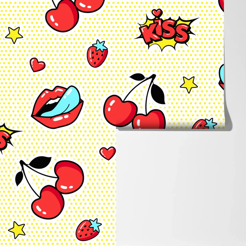 Fototapeta zabawny pop art wzór z wisienkami i całusem Fototapeta zabawny pop art wzór z wisienkami i całusem