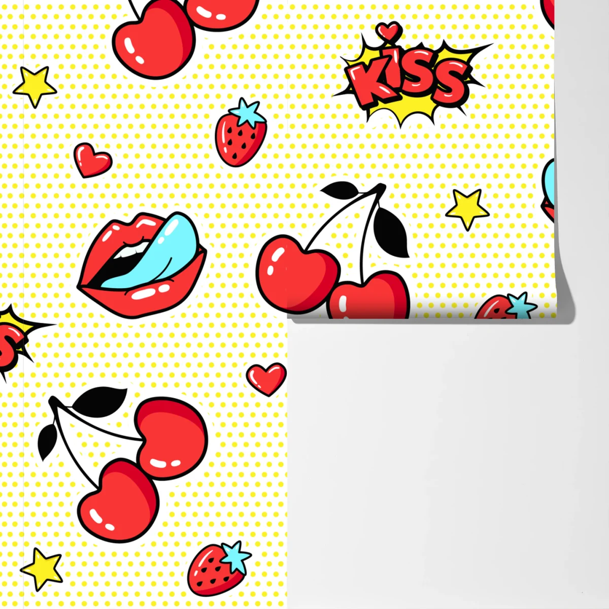 Fototapeta zabawny pop art wzór z wisienkami i całusem Fototapeta zabawny pop art wzór z wisienkami i całusem