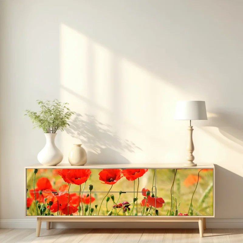 Repositionierbarer Aufkleber rote mohnwiese im sonnenlicht