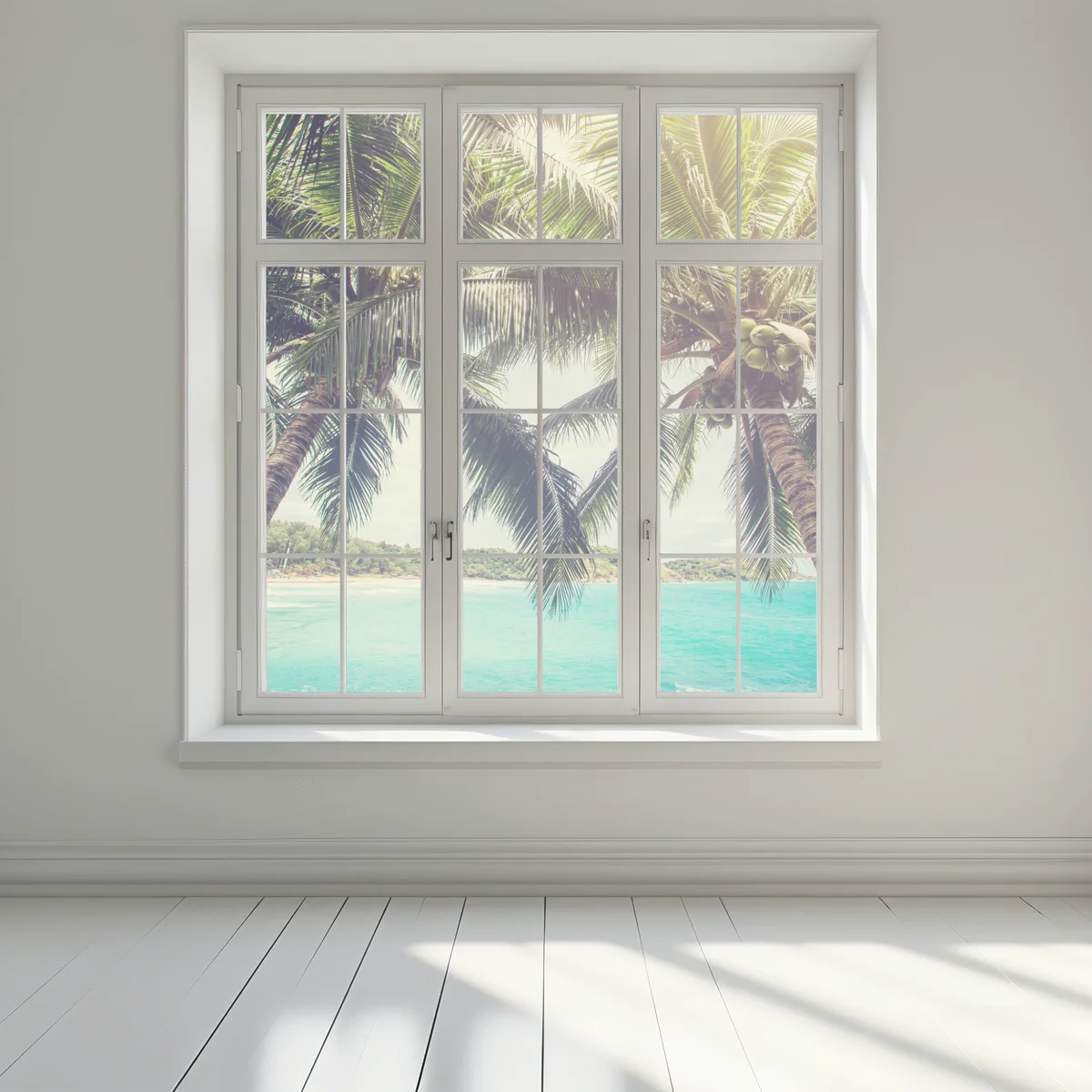 Naklejka na okno tropikalne palmy kokosowe nad turkusowym morzem Naklejka na okno tropikalne palmy kokosowe nad turkusowym morzem
