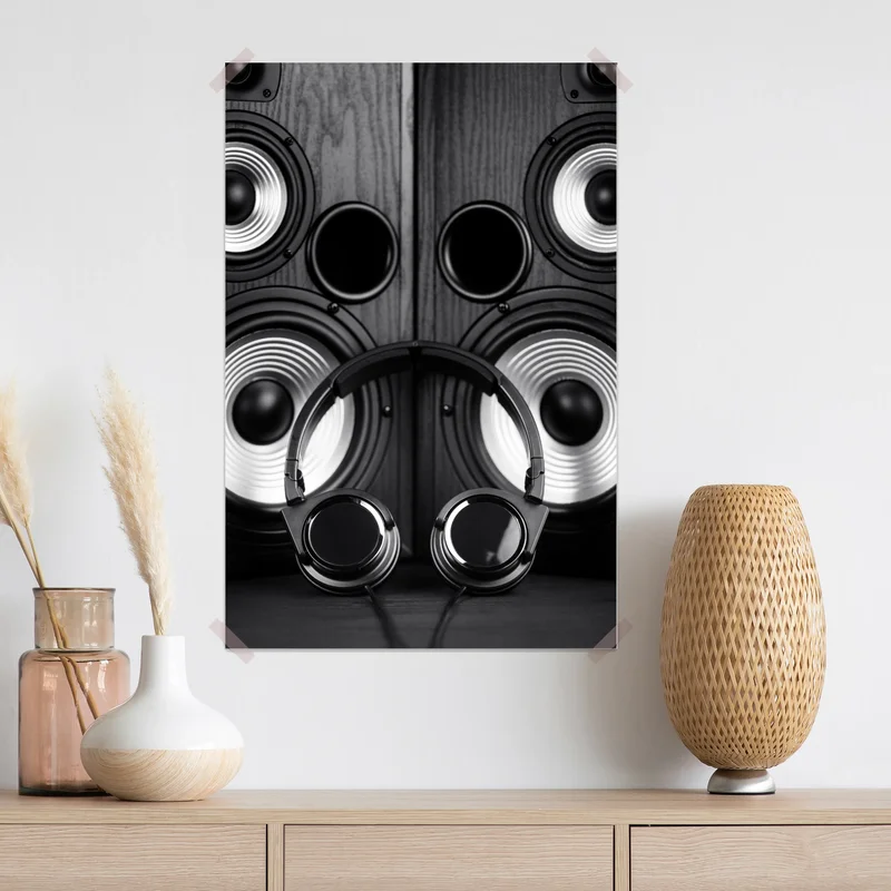 Poster monochromes audio-ensemble mit kopfhörern und lautsprechern Poster monochromes audio-ensemble mit kopfhörern und lautsprechern