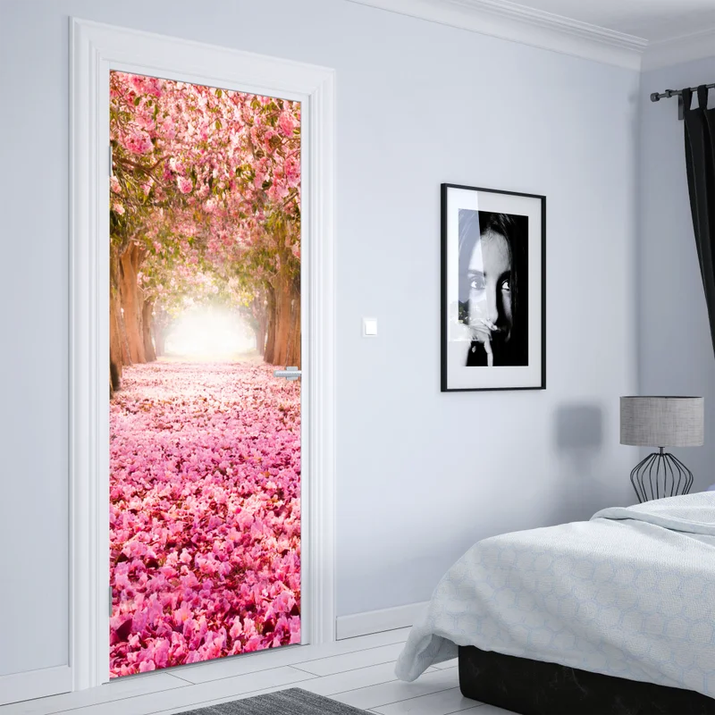 Türaufkleber rosa blütenallee unter kirschbäumen