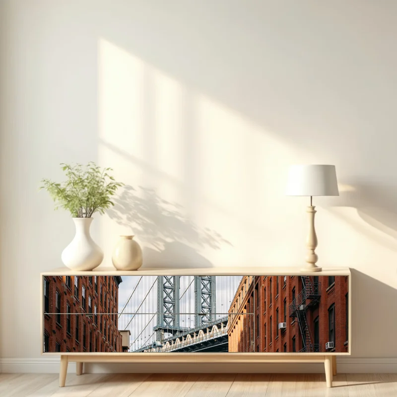 Repositionierbarer Aufkleber Brooklyn brücke eingerahmt von backsteingebäuden