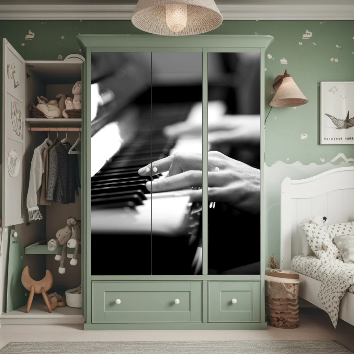 Schrankaufkleber intime hände auf klaviertasten in monochrom Schrankaufkleber intime hände auf klaviertasten in monochrom