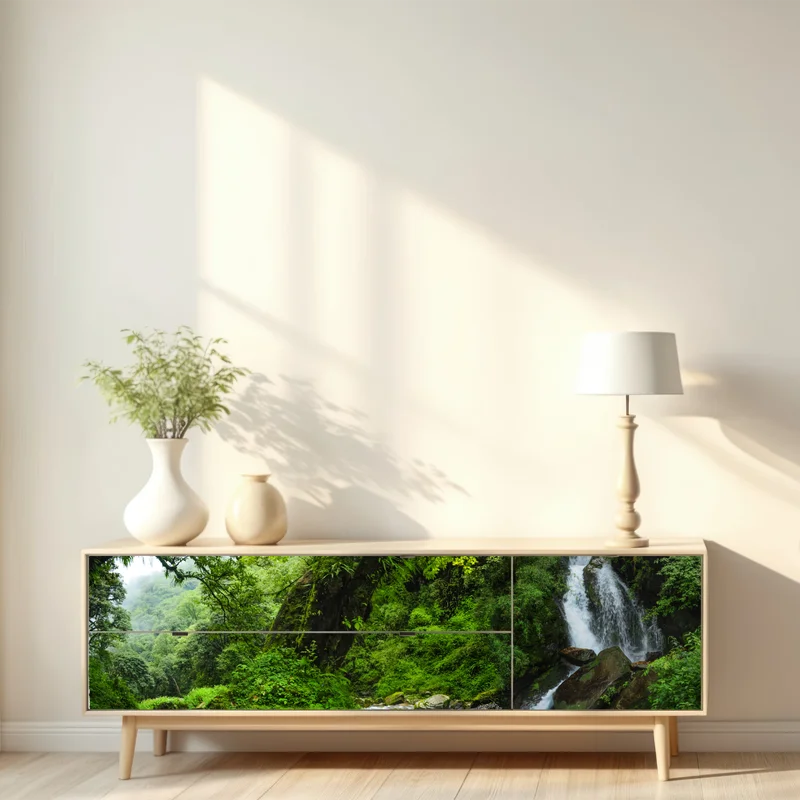 Repositionierbarer Aufkleber üppiger grüner wasserfall im wald Repositionierbarer Aufkleber üppiger grüner wasserfall im wald