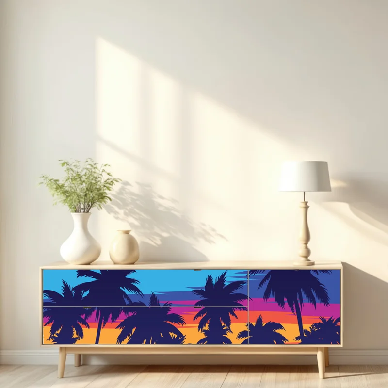 Repositionierbarer Aufkleber bunter sonnenuntergang mit palmen