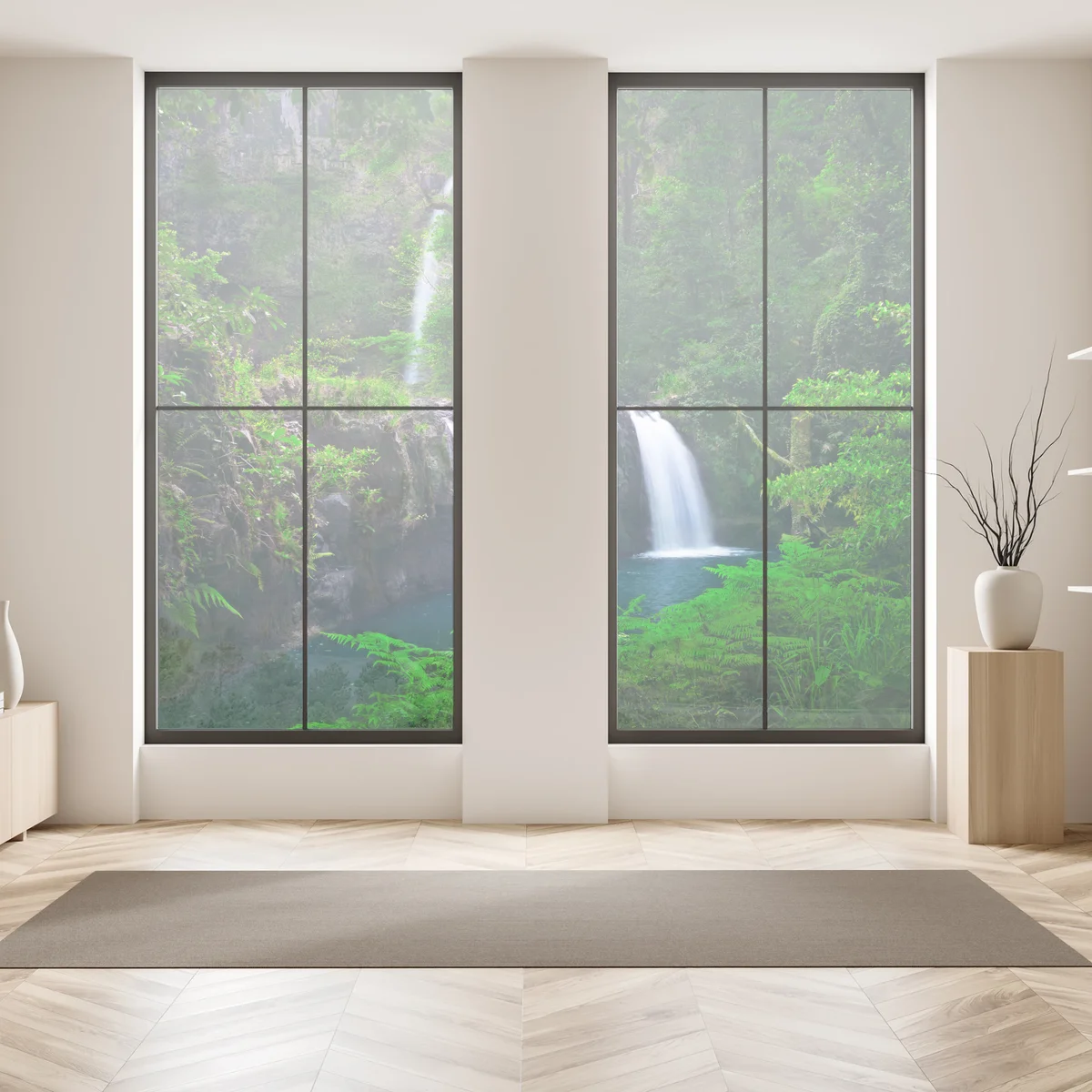 Fensteraufkleber beruhigender wasserfall im smaragdgrünen wald Fensteraufkleber beruhigender wasserfall im smaragdgrünen wald