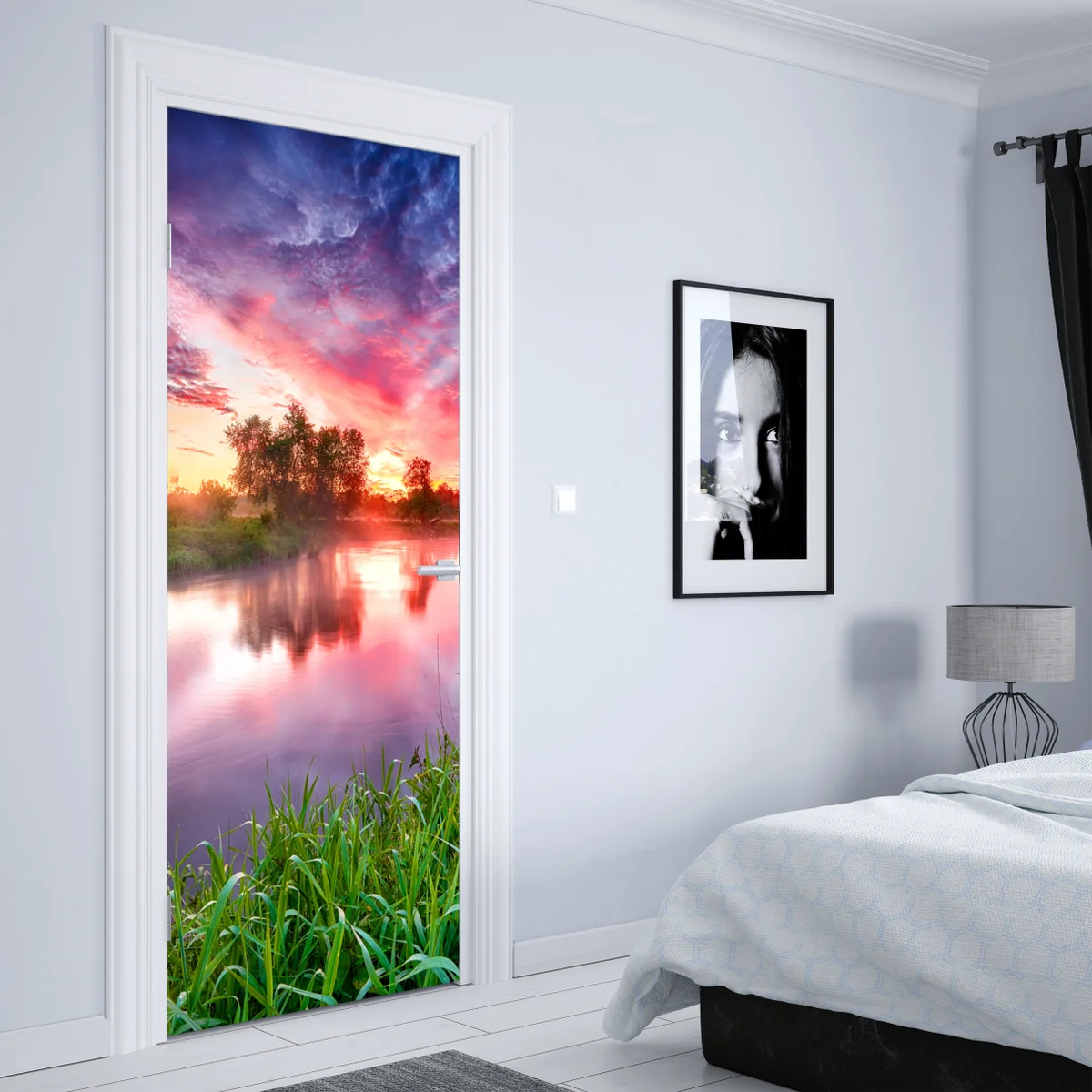 Türaufkleber ruhiger sommer sonnenaufgang am flussufer Türaufkleber ruhiger sommer sonnenaufgang am flussufer