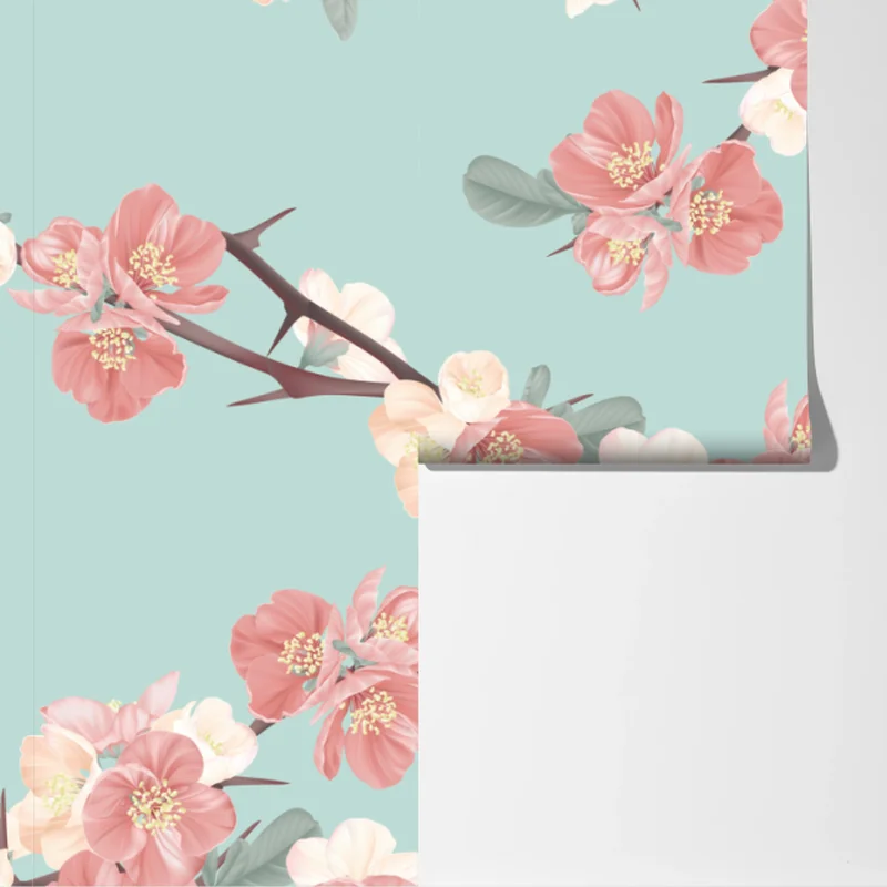 Fototapete pastelliges kirschblütenmuster auf mintfarbenem hintergrund Fototapete pastelliges kirschblütenmuster auf mintfarbenem hintergrund