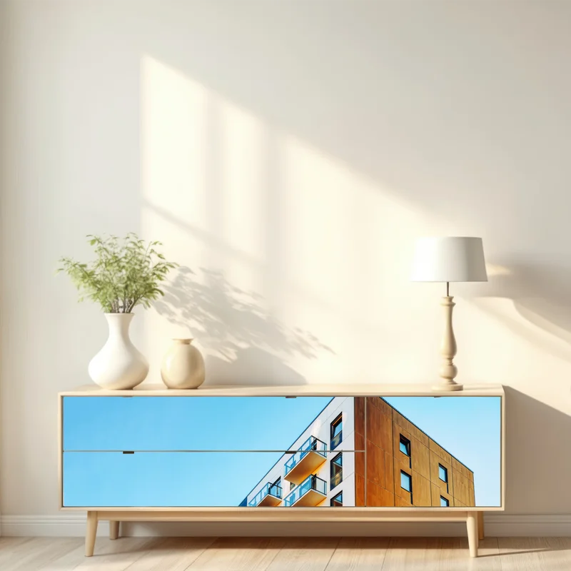 Repositionierbarer Aufkleber modernes wohngebäude mit balkonen