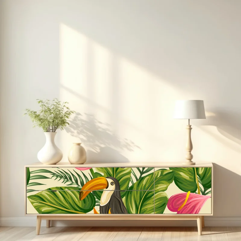 Repositionierbarer Aufkleber tropisches botanisches muster mit tukan