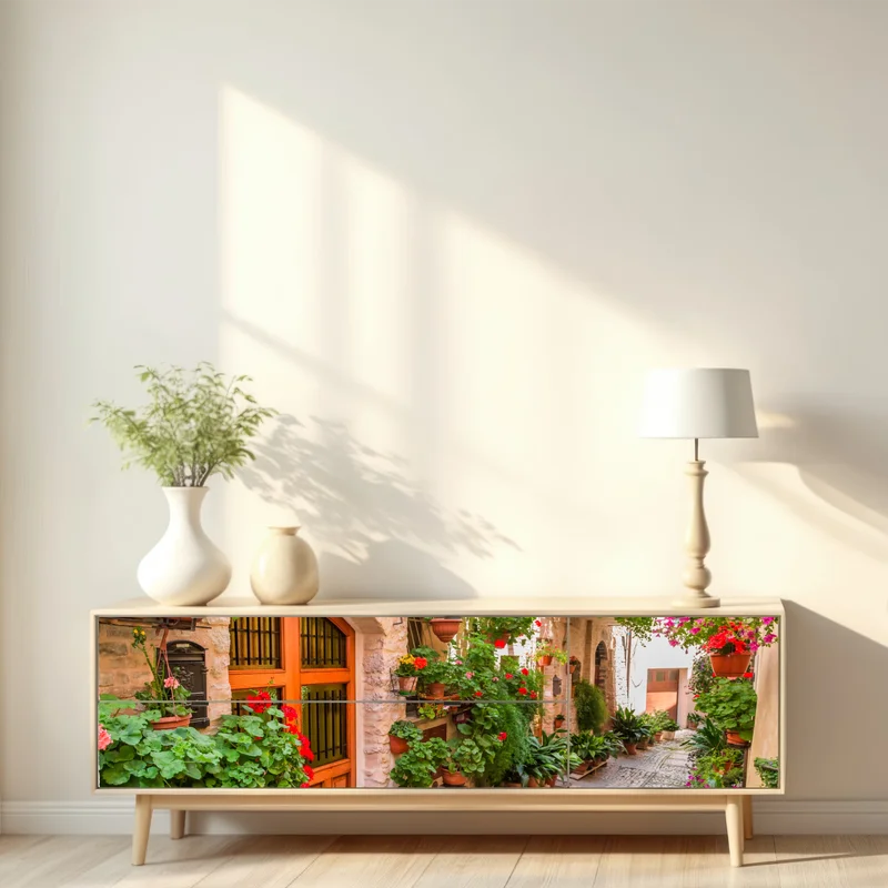 Repositionierbarer Aufkleber sonnige gasse in Italien mit blühenden töpfen