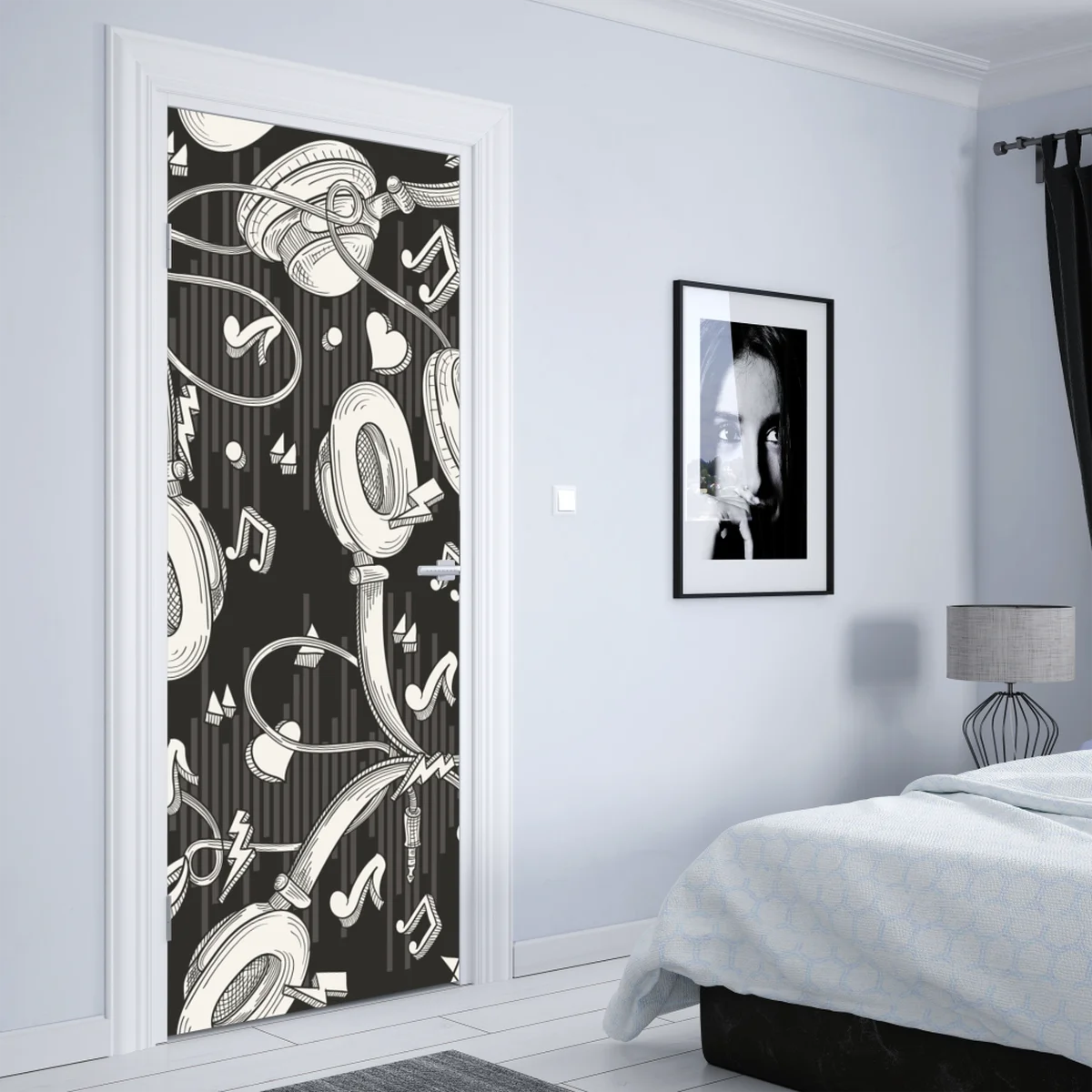 Türaufkleber monochromatisches muster mit kopfhörern und noten Türaufkleber monochromatisches muster mit kopfhörern und noten