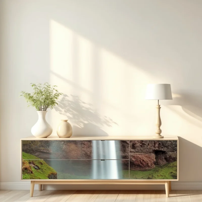 Repositionierbarer Aufkleber nebeliger wasserfall im üppigen tal