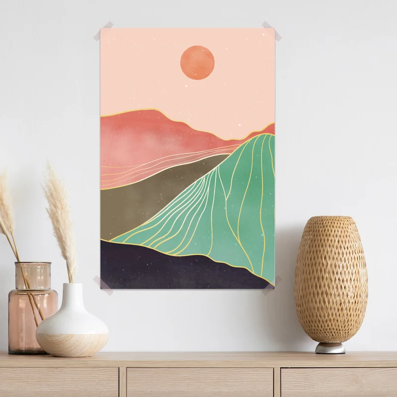 Poster pastell berglandschaft mit sonne • Poster bei Wallnifity® Poster pastell berglandschaft mit sonne • Poster bei Wallnifity®
