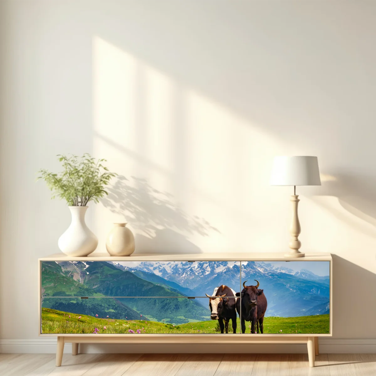 Repositionierbarer Aufkleber alpenwiese mit grastenden kühen Repositionierbarer Aufkleber alpenwiese mit grastenden kühen