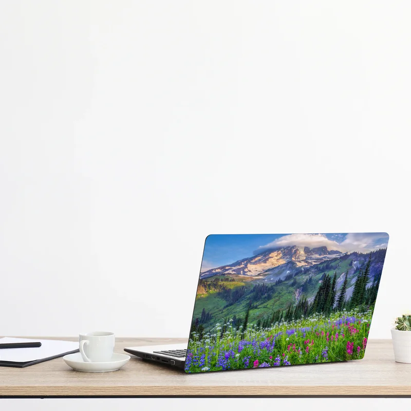 Laptop-Aufkleber alpine blumenwiese vor schneebedeckten bergen