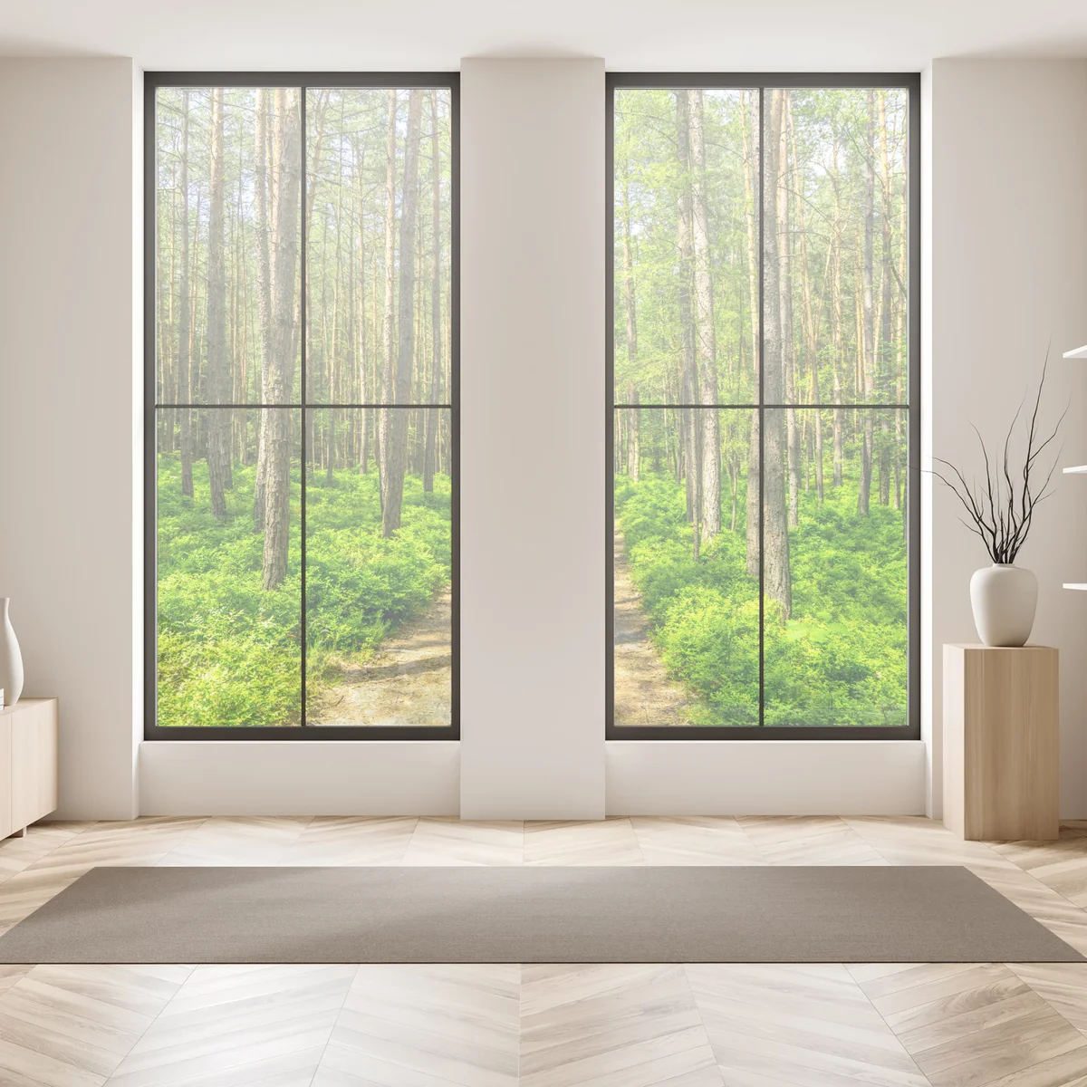 Fensteraufkleber sonniger waldweg zwischen kiefern Fensteraufkleber sonniger waldweg zwischen kiefern