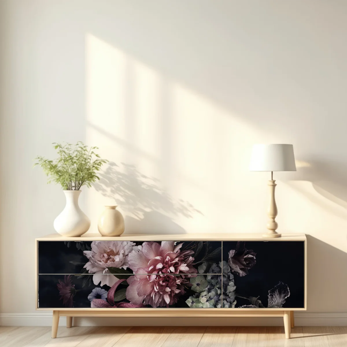 Repositionierbarer Aufkleber düsterer pfingstrosen- und hortensienstrauß Repositionierbarer Aufkleber düsterer pfingstrosen- und hortensienstrauß