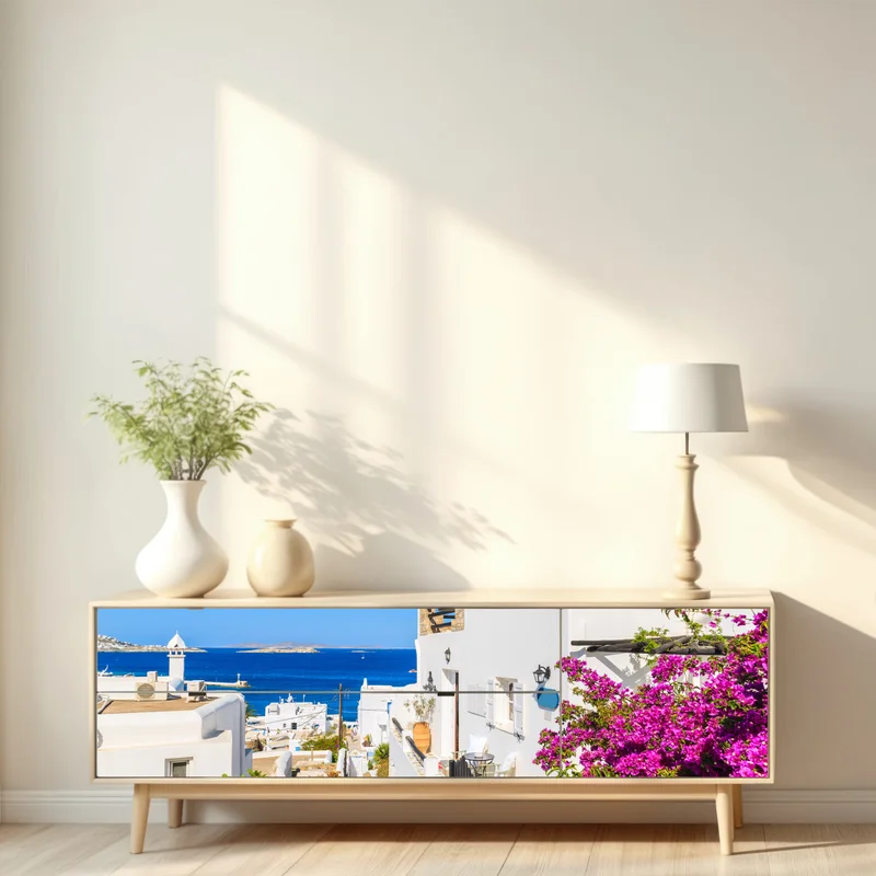 Repositionierbarer Aufkleber sonnige gasse in Mykonos