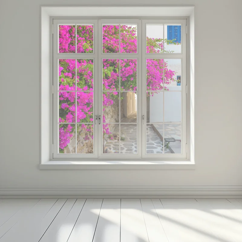 Fensteraufkleber blühende bougainvillea in Naousa gasse Fensteraufkleber blühende bougainvillea in Naousa gasse