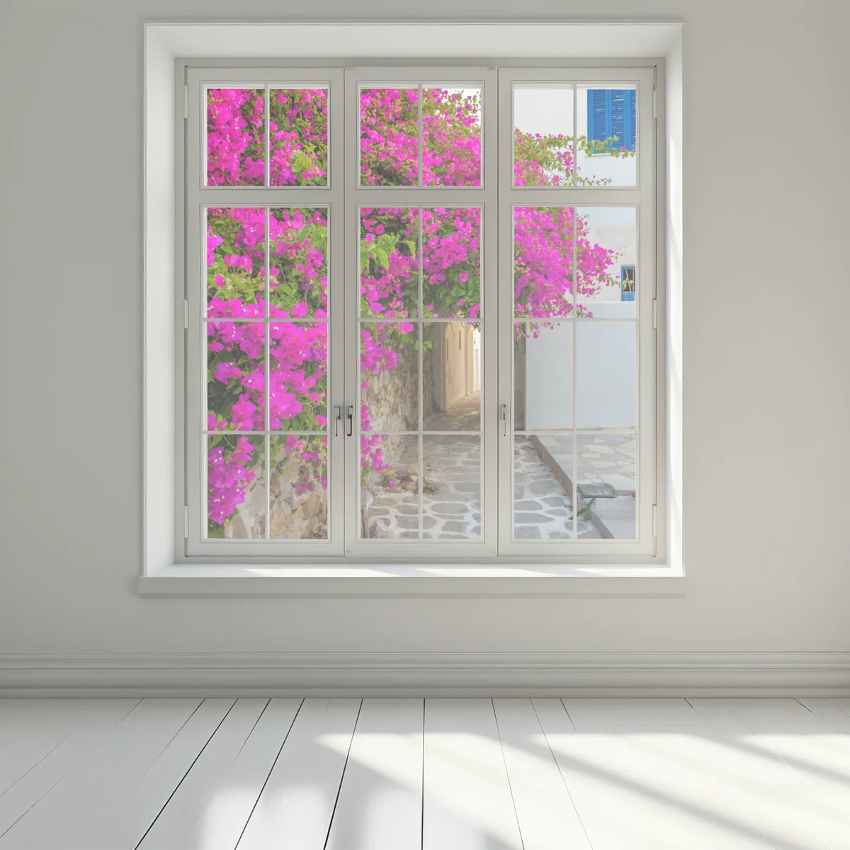 Fensteraufkleber blühende bougainvillea in Naousa gasse Fensteraufkleber blühende bougainvillea in Naousa gasse