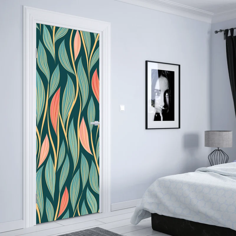 Türaufkleber botanisches blattmuster in türkis und koralle