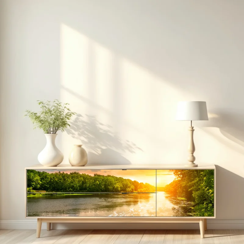 Repositionierbarer Aufkleber ruhiger sonnenuntergang am fluss im grünen wald