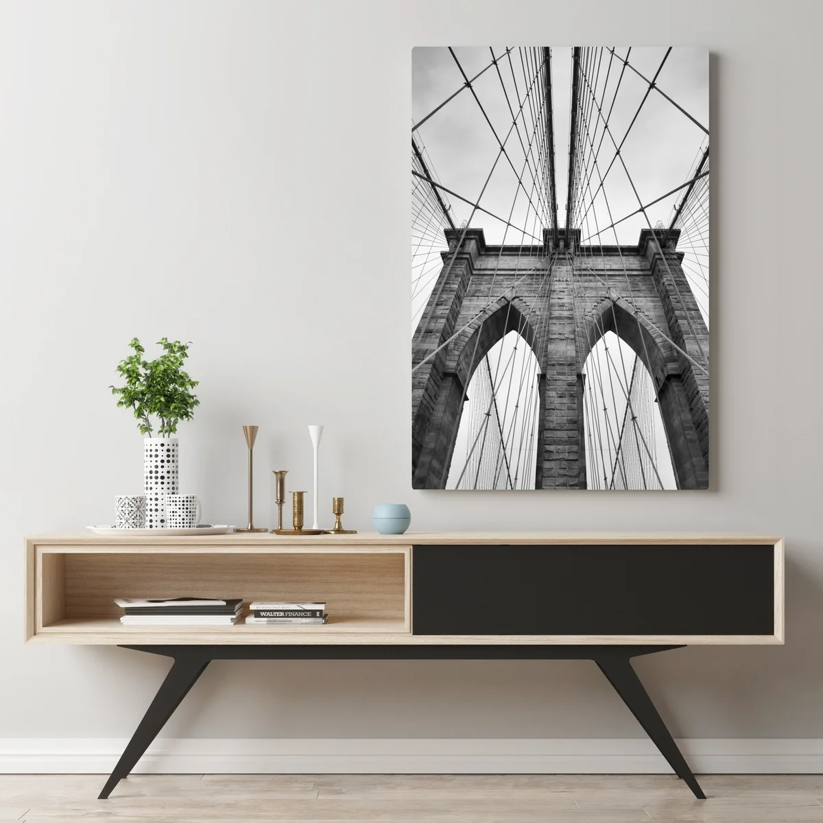 Leinwandbild perspektive der Brooklyn Bridge in monochrom Leinwandbild perspektive der Brooklyn Bridge in monochrom