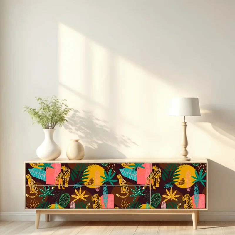 Repositionierbarer Aufkleber tropisches gepardenmuster mit lebhaften blättern