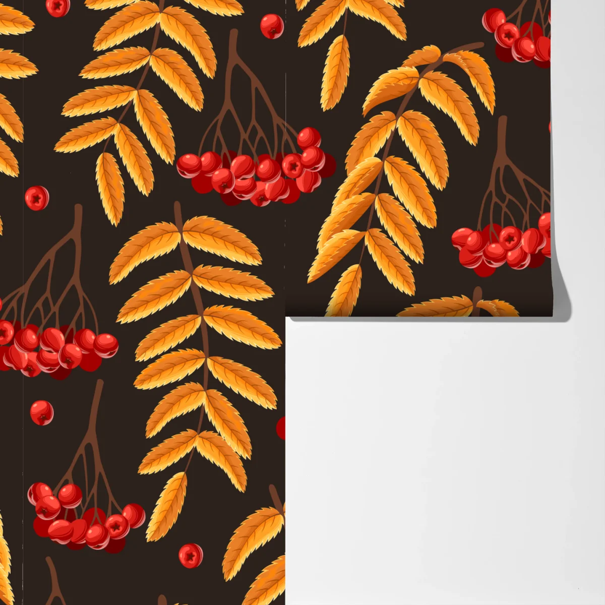 Fototapete herbstliches muster mit vogelbeeren und blättern Fototapete herbstliches muster mit vogelbeeren und blättern