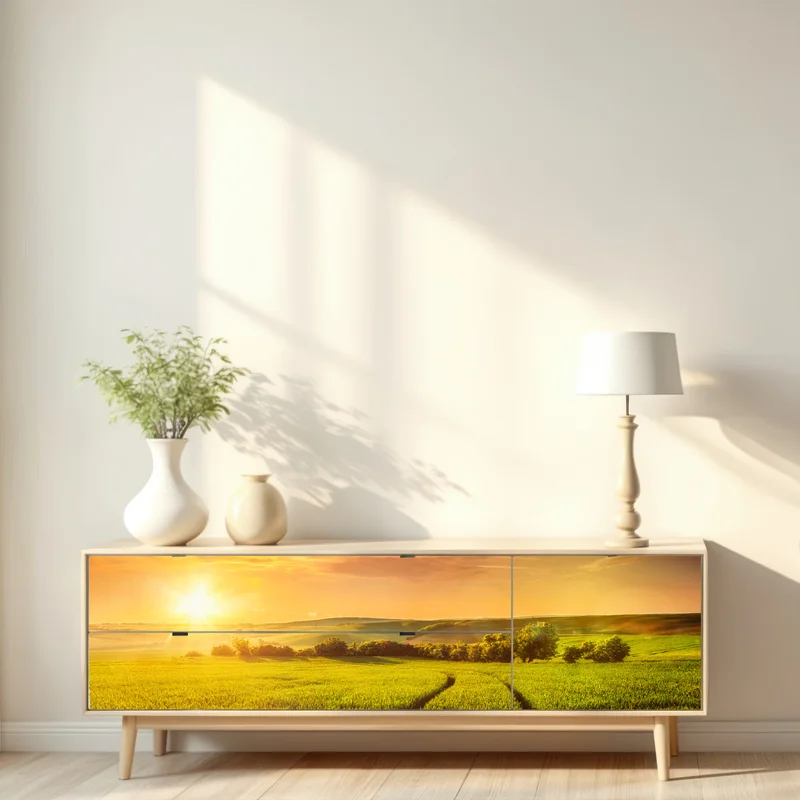 Repositionierbarer Aufkleber sonnenbeschienene wiese im abendlicht