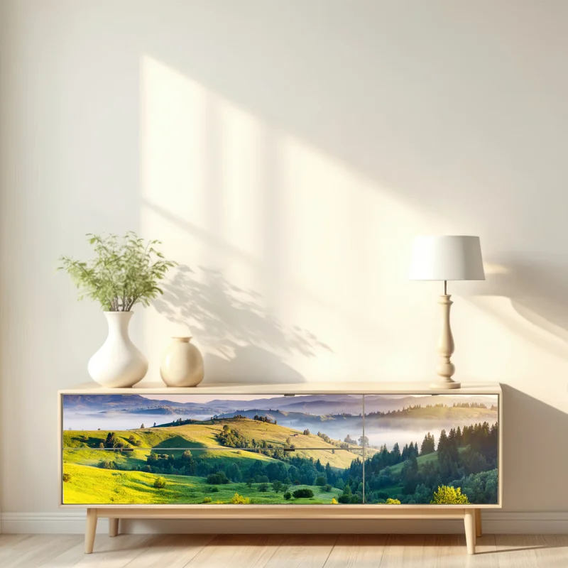 Repositionierbarer Aufkleber Sonnenuntergang in den Karpaten über sanften grünen Hügeln Repositionierbarer Aufkleber Sonnenuntergang in den Karpaten über sanften grünen Hügeln