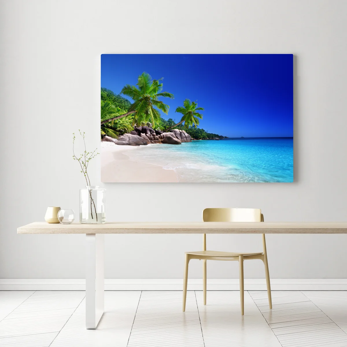 Leinwandbild tropischer strand mit türkisfarbenem wasser und palmen Leinwandbild tropischer strand mit türkisfarbenem wasser und palmen