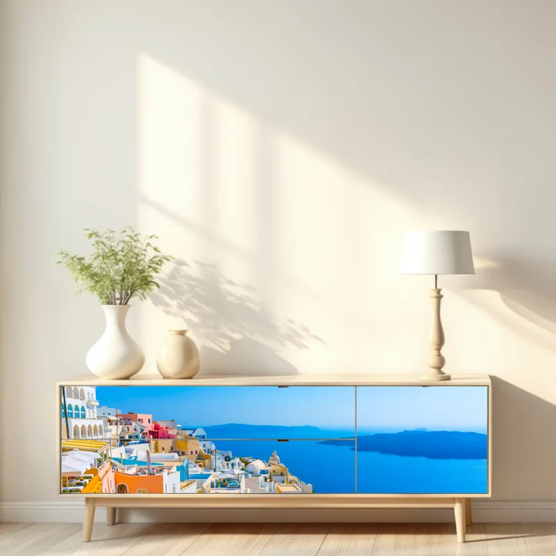 Repositionierbarer Aufkleber sonnige ansicht der caldera von Santorini