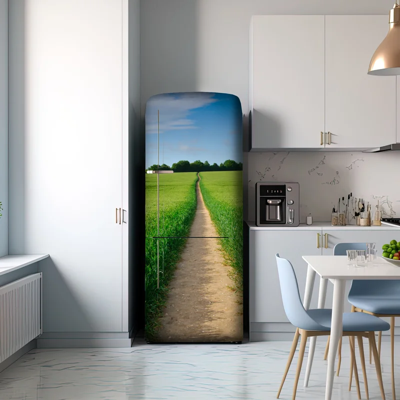 Kühlschrankaufkleber sonnenbeschienener weg durch grüne wiese Kühlschrankaufkleber sonnenbeschienener weg durch grüne wiese