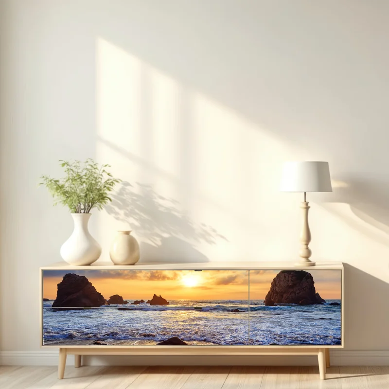 Repositionierbarer Aufkleber sonnenuntergang an der felsigen küste