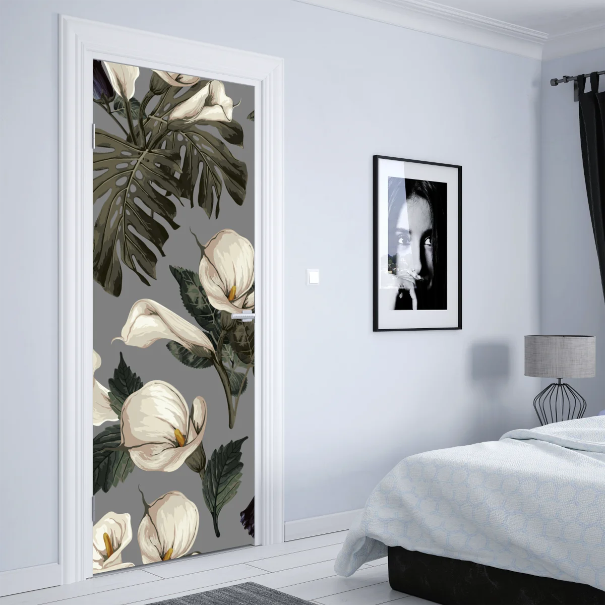 Türaufkleber vintage calla blumenmuster auf grauem hintergrund Türaufkleber vintage calla blumenmuster auf grauem hintergrund