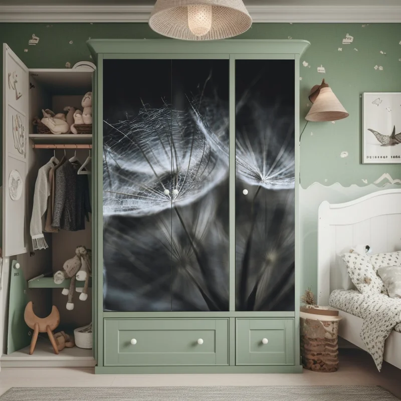 Schrankaufkleber zarte löwenzahnsamen in monochrom