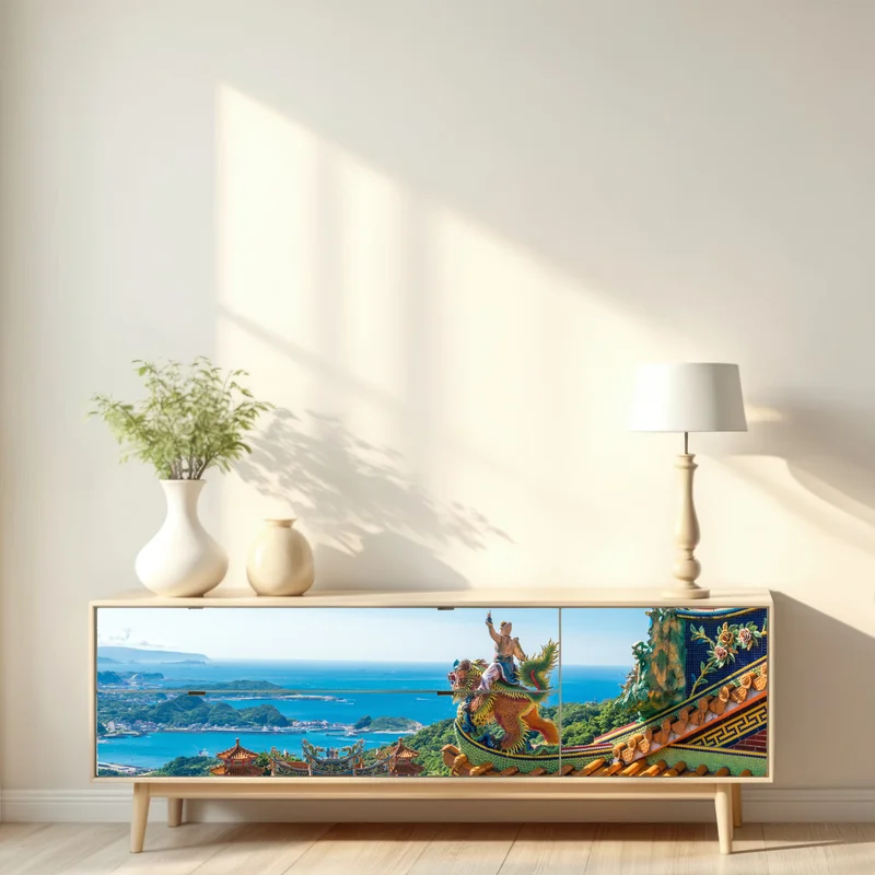 Repositionierbarer Aufkleber tempel mit blick auf die küste von Jiufen, Taiwan