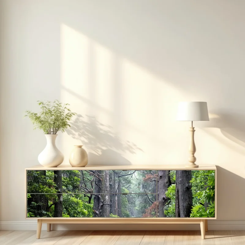 Repositionierbarer Aufkleber mystischer waldweg zwischen alten bäumen