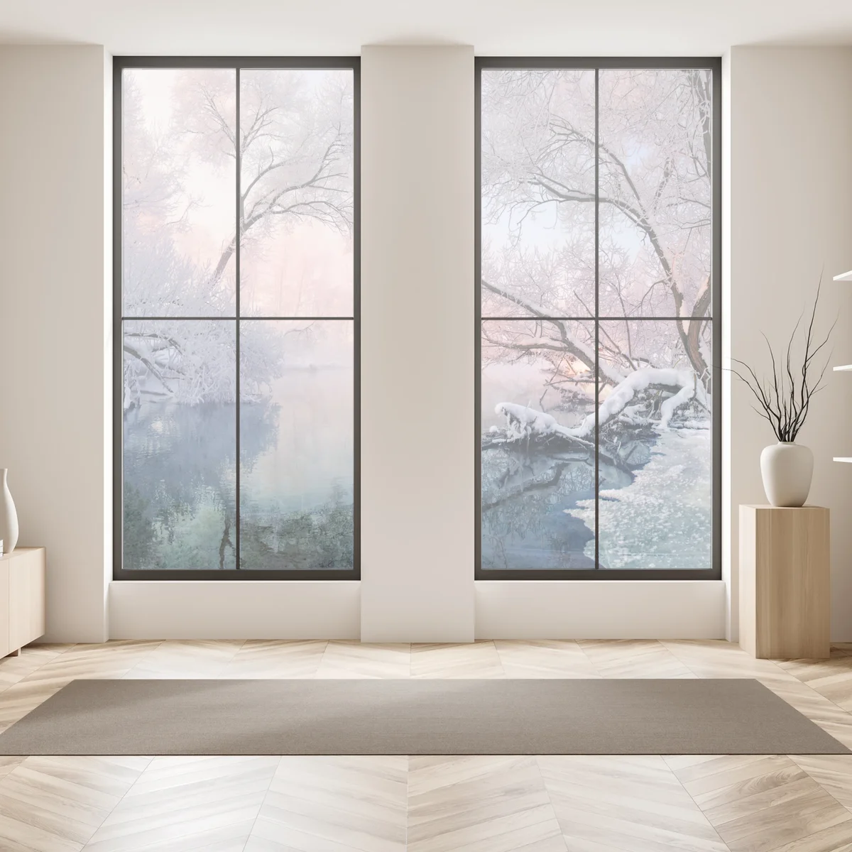 Fensteraufkleber ruhige winterlandschaft am fluss Fensteraufkleber ruhige winterlandschaft am fluss