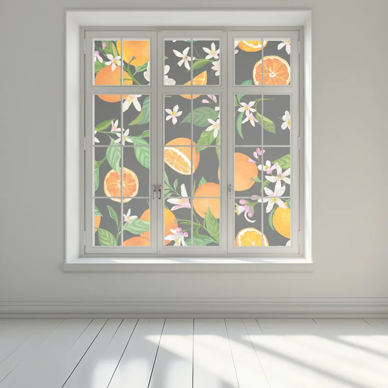 Fensteraufkleber orangeblüten- und zitrusmuster auf dunklem hintergrund
