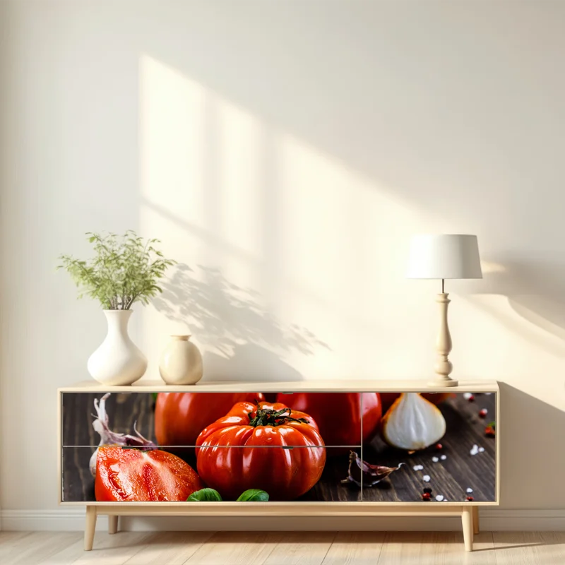 Repositionierbarer Aufkleber reife tomaten auf rustikalem holztisch