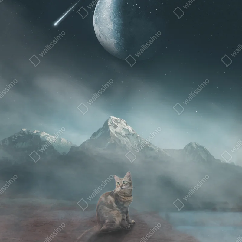 Poster mystische mondkatze über nebligen bergen • Poster bei Wallnifity® Poster mystische mondkatze über nebligen bergen • Poster bei Wallnifity®