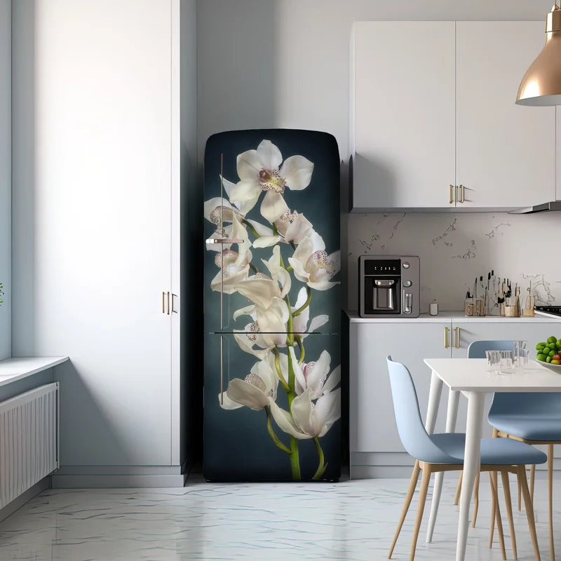 Kühlschrankaufkleber zarte weiße orchideen vor gedämpftem hintergrund